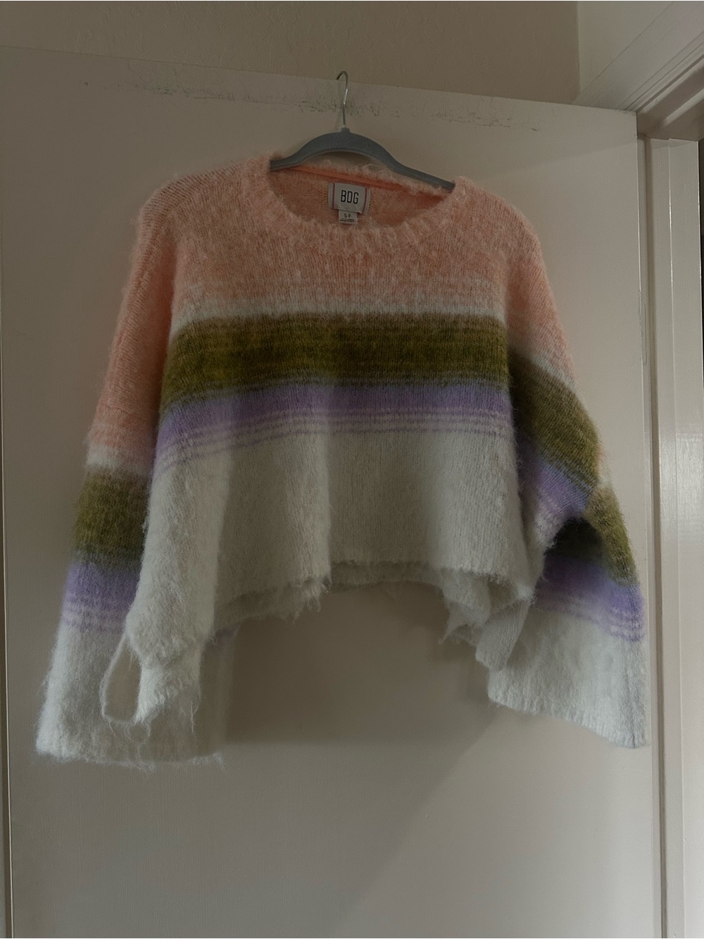 BDG Striped Fuzzy Crop Sweater in Peach, Olive, Lavender & Ivory